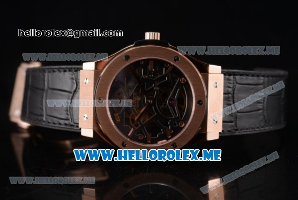 Hublot Classic Fusion Skeleton Tourbillon Asia ST28 Automatic Rose Gold Case with Skeleton Dial and Black Leather Strap Stick Markers - Click Image to Close