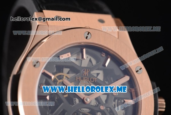 Hublot Classic Fusion Skeleton Tourbillon Asia ST28 Automatic Rose Gold Case with Skeleton Dial and Black Leather Strap Stick Markers - Click Image to Close