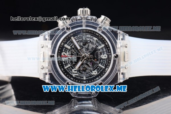 Hublot Big Bang UNICO Sapphire Blu Miyota Quartz Sapphire Crystal Case with Skeleton Dial and White Rubber Strap Stick/Arabic Numeral Markers - Click Image to Close