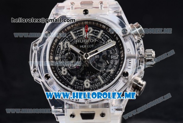 Hublot Big Bang UNICO Sapphire Blu Miyota Quartz Sapphire Crystal Case with Skeleton Dial and White Rubber Strap Stick/Arabic Numeral Markers - Click Image to Close