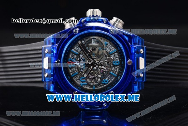 Hublot Big Bang UNICO Sapphire Blue Miyota Quartz Sapphire Crystal Case with Skeleton Dial and Black Rubber Strap Stick/Arabic Numeral Markers - Click Image to Close