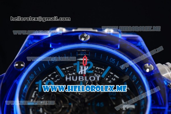 Hublot Big Bang UNICO Sapphire Blue Miyota Quartz Sapphire Crystal Case with Skeleton Dial and Black Rubber Strap Stick/Arabic Numeral Markers - Click Image to Close