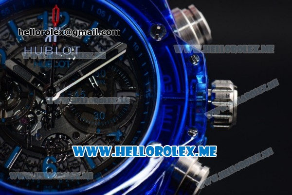 Hublot Big Bang UNICO Sapphire Blue Miyota Quartz Sapphire Crystal Case with Skeleton Dial and Black Rubber Strap Stick/Arabic Numeral Markers - Click Image to Close