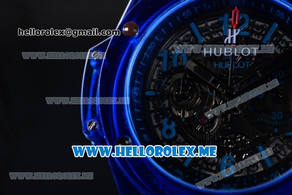 Hublot Big Bang UNICO Sapphire Blue Miyota Quartz Sapphire Crystal Case with Skeleton Dial and Black Rubber Strap Stick/Arabic Numeral Markers - Click Image to Close