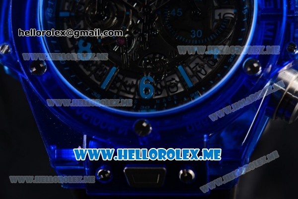 Hublot Big Bang UNICO Sapphire Blue Miyota Quartz Sapphire Crystal Case with Skeleton Dial and Black Rubber Strap Stick/Arabic Numeral Markers - Click Image to Close