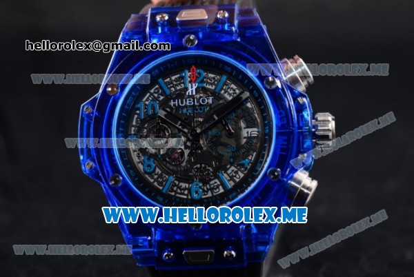 Hublot Big Bang UNICO Sapphire Blue Miyota Quartz Sapphire Crystal Case with Skeleton Dial and Black Rubber Strap Stick/Arabic Numeral Markers - Click Image to Close