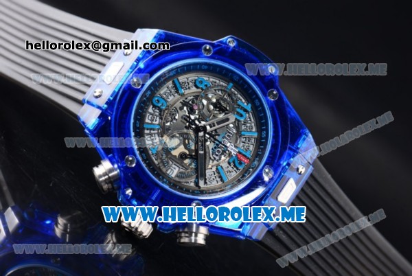 Hublot Big Bang UNICO Sapphire Blue Miyota Quartz Sapphire Crystal Case with Skeleton Dial and Black Rubber Strap Stick/Arabic Numeral Markers - Click Image to Close