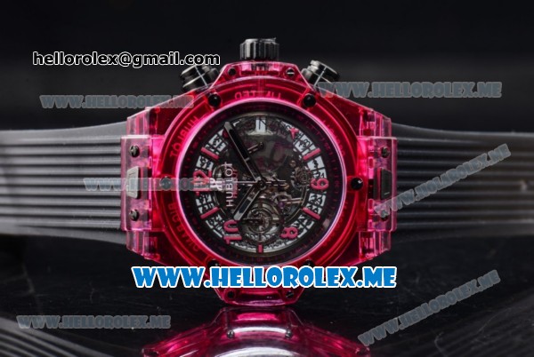 Hublot Big Bang UNICO Sapphire Red Miyota Quartz Sapphire Crystal Case with Skeleton Dial and Black Rubber Strap Stick/Arabic Numeral Markers - Click Image to Close