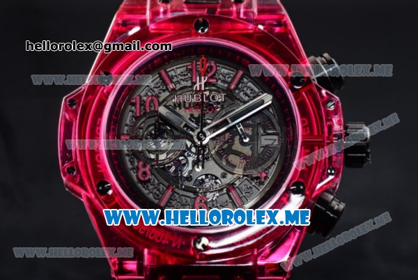 Hublot Big Bang UNICO Sapphire Red Miyota Quartz Sapphire Crystal Case with Skeleton Dial and Black Rubber Strap Stick/Arabic Numeral Markers - Click Image to Close