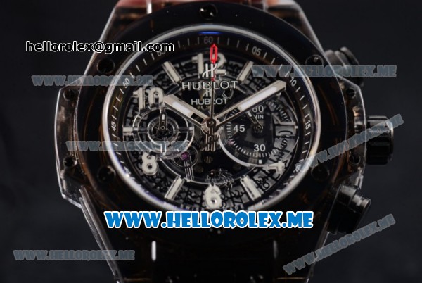 Hublot Big Bang UNICO Sapphire All Black Miyota Quartz Sapphire Crystal Case with Skeleton Dial and Black Rubber Strap Stick/Arabic Numeral Markers - Click Image to Close