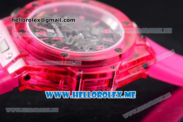 Hublot Big Bang UNICO Sapphire All Red Miyota Quartz Sapphire Crystal Case with Skeleton Dial and Red Rubber Strap Stick/Arabic Numeral Markers - Click Image to Close