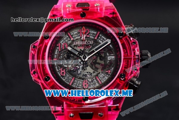 Hublot Big Bang UNICO Sapphire All Red Miyota Quartz Sapphire Crystal Case with Skeleton Dial and Red Rubber Strap Stick/Arabic Numeral Markers - Click Image to Close