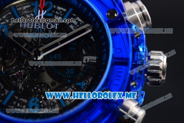 Hublot Big Bang UNICO Sapphire All Blue Miyota Quartz Sapphire Crystal Case with Skeleton Dial and Blue Rubber Strap Stick/Arabic Numeral Markers - Click Image to Close