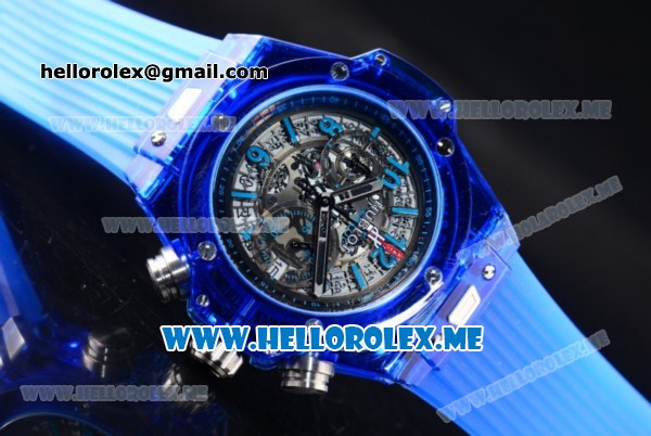 Hublot Big Bang UNICO Sapphire All Blue Miyota Quartz Sapphire Crystal Case with Skeleton Dial and Blue Rubber Strap Stick/Arabic Numeral Markers - Click Image to Close