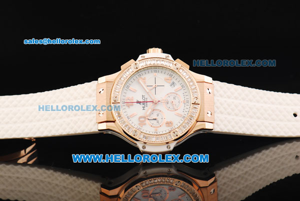 Hublot Big Bang Chronograph Swiss Quartz Movement Rose Case with Diamond Bezel and White Rubber Strap-Lady Model - Click Image to Close