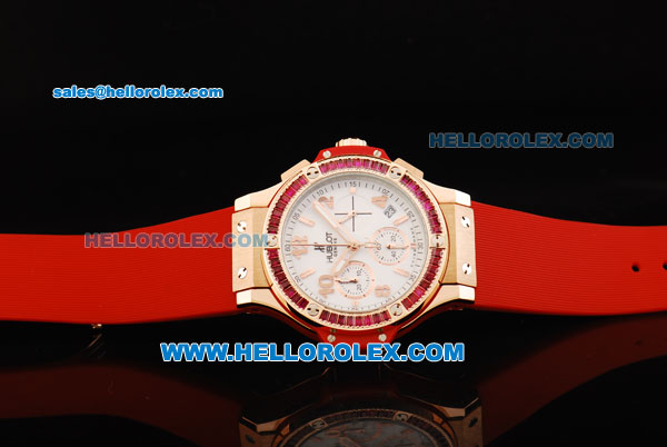 Hublot Big Bang Chronograph Swiss Quartz Movement White Dial with Diamond Bezel and Red Rubber Strap-Lady Model - Click Image to Close