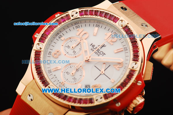 Hublot Big Bang Chronograph Swiss Quartz Movement White Dial with Diamond Bezel and Red Rubber Strap-Lady Model - Click Image to Close