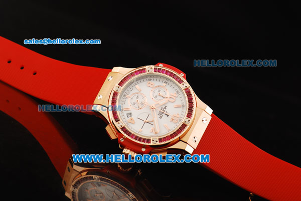 Hublot Big Bang Chronograph Swiss Quartz Movement White Dial with Diamond Bezel and Red Rubber Strap-Lady Model - Click Image to Close