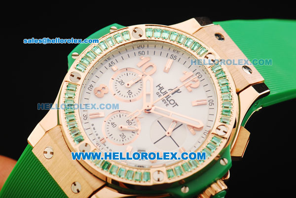 Hublot Big Bang Chronograph Swiss Quartz Movement Rose Gold Case with Green Diamond Bezel and Green Rubber Strap-Lady Model - Click Image to Close