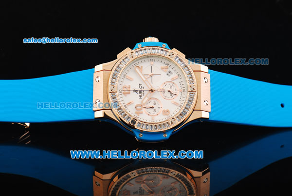 Hublot Big Bang Chronograph Swiss Quartz Movement Rose Gold Case with Diamond Bezel and Blue Rubber Strap-Lady Model - Click Image to Close