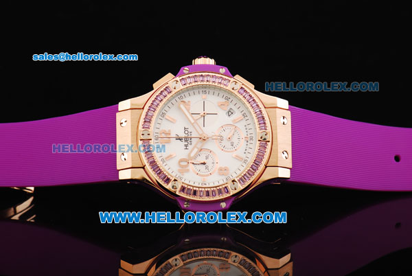 Hublot Big Bang Chronograph Swiss Quartz Movement Rose Gold Case with Purple Diamond Bezel and Purple Rubber Strap-Lady Model - Click Image to Close