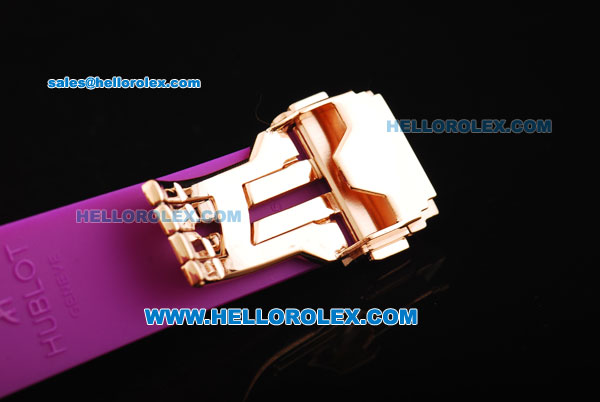 Hublot Big Bang Chronograph Swiss Quartz Movement Rose Gold Case with Purple Diamond Bezel and Purple Rubber Strap-Lady Model - Click Image to Close