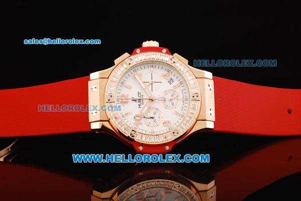 Hublot Big Bang Chronograph Swiss Quartz Movement Rose Gold Case with Diamond Bezel and Red Rubber Strap-Lady Model - Click Image to Close