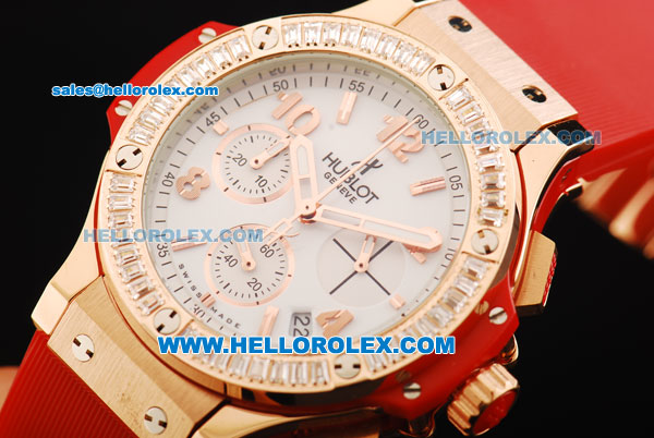Hublot Big Bang Chronograph Swiss Quartz Movement Rose Gold Case with Diamond Bezel and Red Rubber Strap-Lady Model - Click Image to Close
