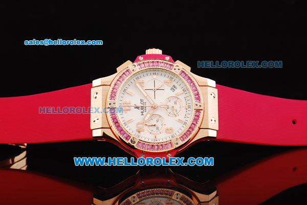 Hublot Big Bang Chronograph Swiss Quartz Movement Rose Gold Case with Pink Diamond Bezel and Rubber Strap-Lady Model - Click Image to Close