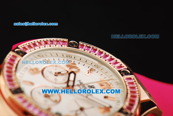 Hublot Big Bang Chronograph Swiss Quartz Movement Rose Gold Case with Pink Diamond Bezel and Rubber Strap-Lady Model - Click Image to Close