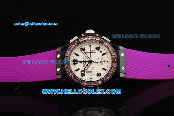 Hublot Big Bang Chronograph Swiss Quartz Movement PVD Case with Diamond Bezel and Purple Rubber Strap-Lady Model - Click Image to Close