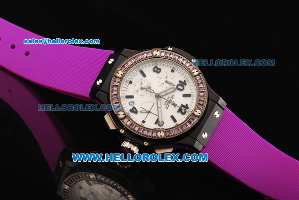 Hublot Big Bang Chronograph Swiss Quartz Movement PVD Case with Diamond Bezel and Purple Rubber Strap-Lady Model - Click Image to Close