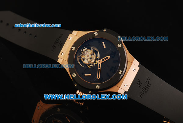 Hublot Big Bang Swiss Tourbillon Manual Winding Movement Rose Gold Case with Black Dial and Black Rubber Strap-Ceramic Bezel and 10micron Gold - Click Image to Close