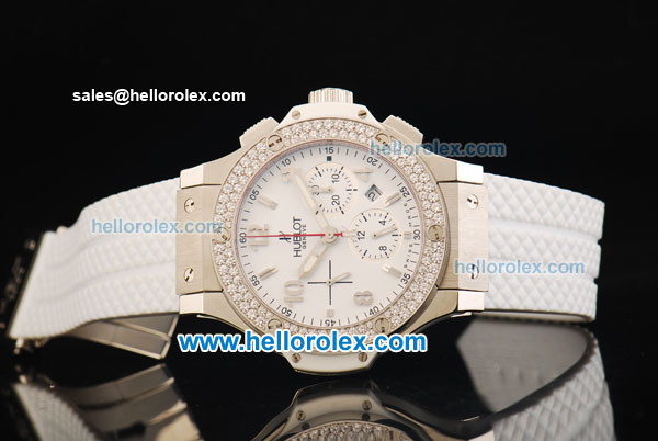 Hublot Big Bang Chronograph Swiss Valjoux 7750 Automatic Movement Steel Case with Diamond Bezel and White Rubber Strap-1:1 Original - Click Image to Close