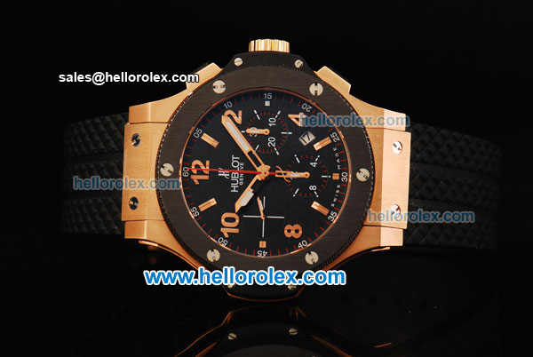 Hublot Big Bang Chronograph Swiss Valjoux 7750 Automatic Movement Rose Gold Case with Black Dial and Black Rubber Strap-1:1 Original - Click Image to Close