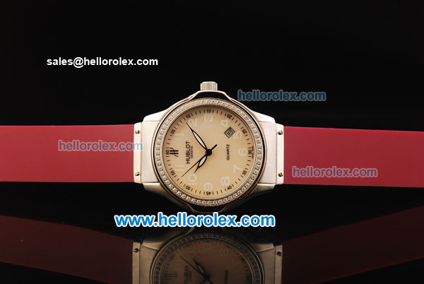 Hublot Swiss Quartz Movement Steel Case with Beige Dial and Diamond Bezel-Red Rubber Strap - Click Image to Close