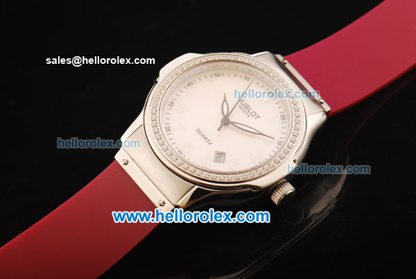 Hublot Swiss Quartz Movement Steel Case with Beige Dial and Diamond Bezel-Red Rubber Strap - Click Image to Close