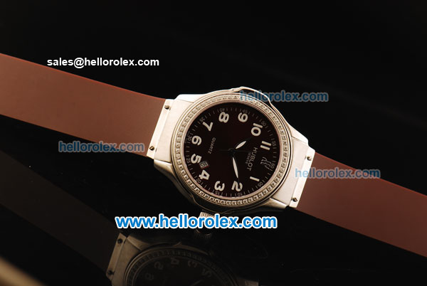 Hublot Swiss Quartz Movement Steel Case with Brown Dial and Diamond Bezel-Brown Rubber Strap - Click Image to Close