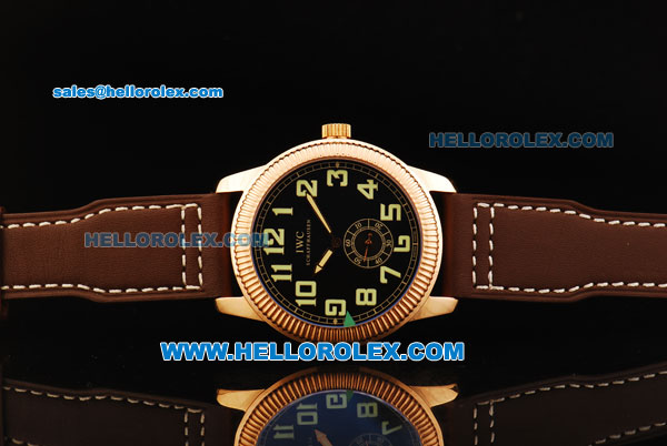 IWC Pilot's Watch Asia Manual Winding Movement Rose Gold Case with Black Dial and Brown Leather Strap - Click Image to Close