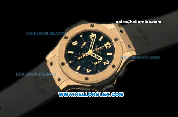 Hublot Big Bang Chronograph Swiss Valjoux 7750 Automatic Movement Gold Case with Black Dial and Black Rubber Strap - Click Image to Close