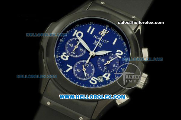 Hublot MDM Chronograph Swiss Quartz Movement PVD Case with Blue Dial and Black Rubber Strap - Click Image to Close