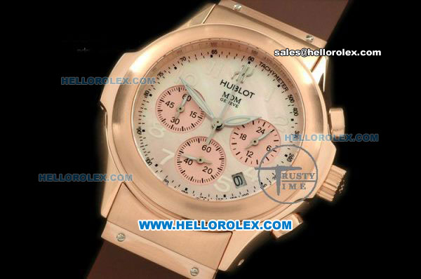 Hublot MDM Chronograph Swiss Quartz Movement Rose Gold Case with White Arabic Numerals and Brown Rubber Strap - Click Image to Close