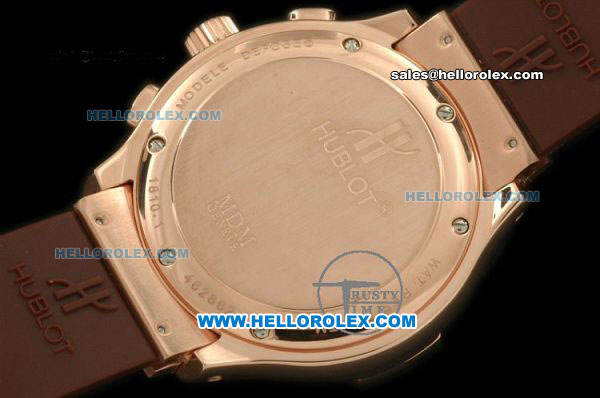 Hublot MDM Chronograph Swiss Quartz Movement Rose Gold Case with White Arabic Numerals and Brown Rubber Strap - Click Image to Close