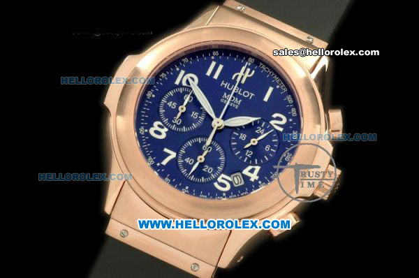 Hublot MDM Chronograph Swiss Quartz Movement Rose Gold Case with Blue Dial and Black Rubber Strap - Click Image to Close