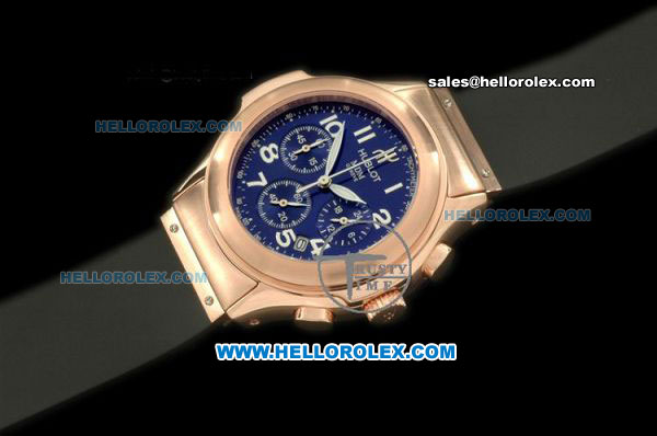 Hublot MDM Chronograph Swiss Quartz Movement Rose Gold Case with Blue Dial and Black Rubber Strap - Click Image to Close