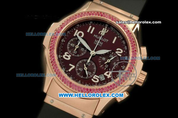 Hublot MDM Chronograph Swiss Quartz Movement Rose Gold Case with Brown Dial and Pink Diamond Bezel-Black Rubber Strap - Click Image to Close