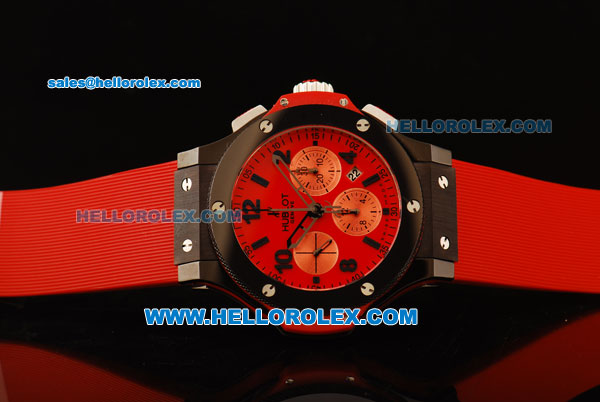 Hublot Big Bang Chronograph Swiss Valjoux 7750 Automatic Movement PVD Case with Red Dial and Red Rubber Strap - Click Image to Close