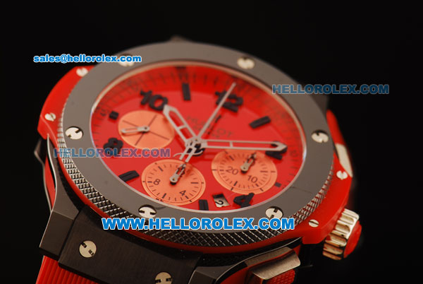 Hublot Big Bang Chronograph Swiss Valjoux 7750 Automatic Movement PVD Case with Red Dial and Red Rubber Strap - Click Image to Close