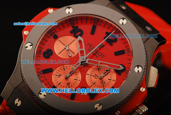 Hublot Big Bang Chronograph Swiss Valjoux 7750 Automatic Movement Red Dial with Black Bezel and Red Rubber Strap - Click Image to Close