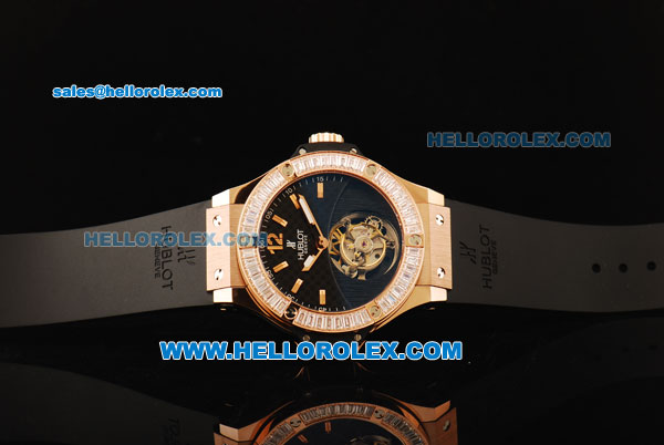 Hublot Big Bang Swiss Tourbillon Manual Winding Movement Rose Gold Case with Black Dial and Diamond Bezel-Black Rubber Strap - Click Image to Close